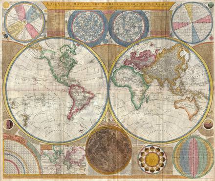 Samuel Dunn Wall Map of the World in Hemispheres
