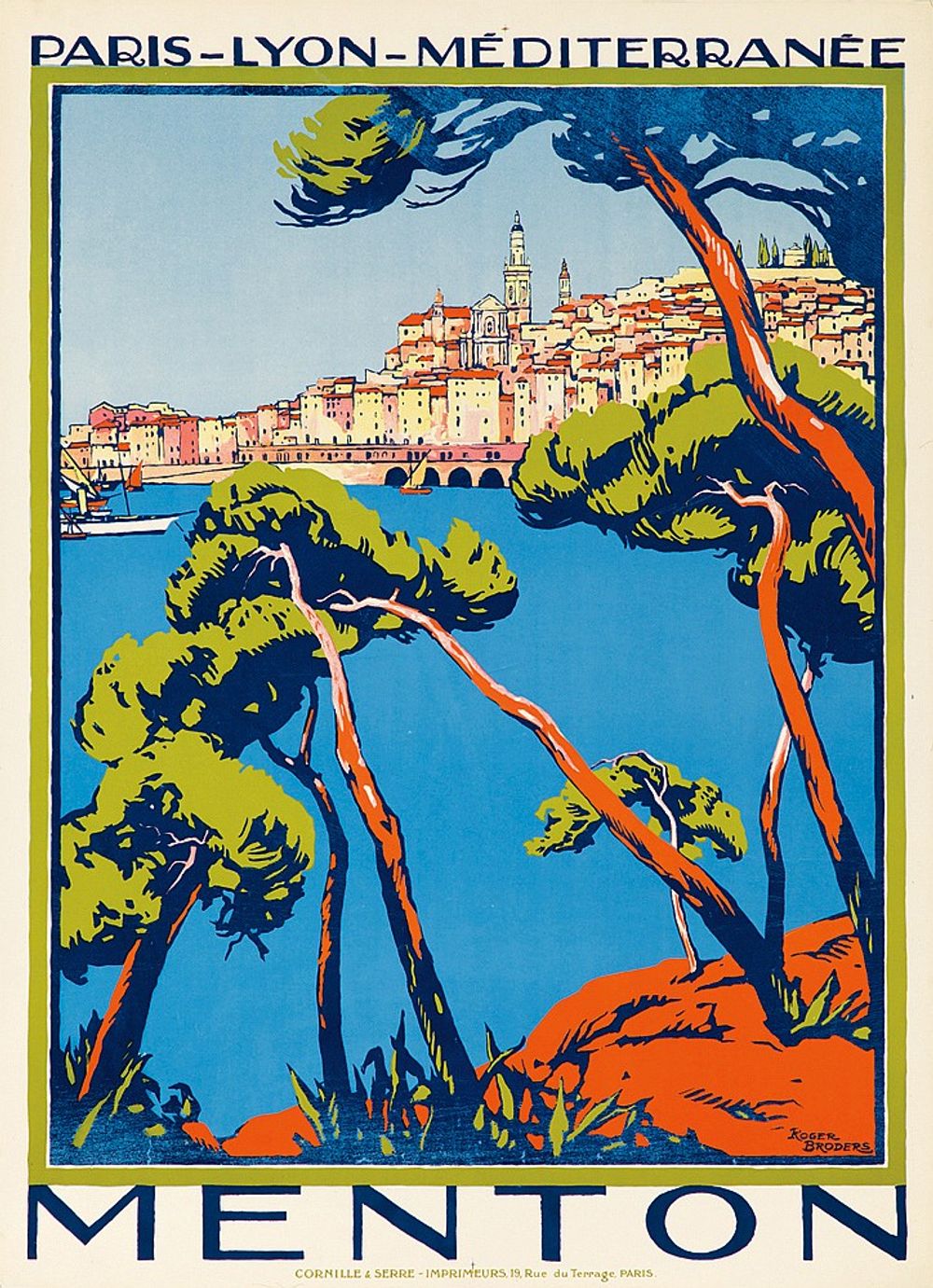 Menton 1923 - Roger Broders Vintage French Travel Poster, Art Deco PLM Railway Print, Alpine Riviera Wall Art