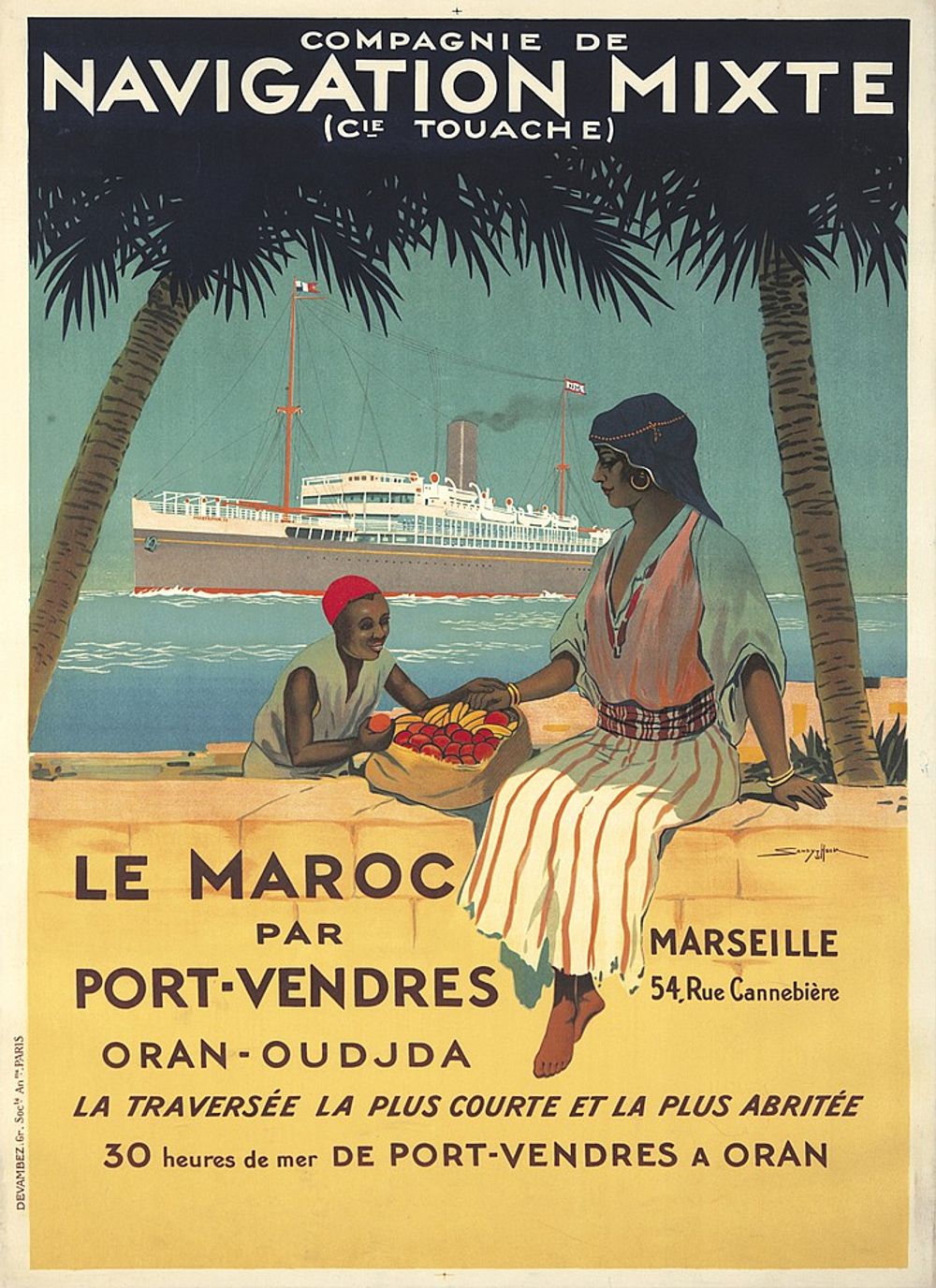 Navigation Mixte 1920 - Sandy Hook Vintage Poster, Belle Epoque French Print, Poster Art Wall Art