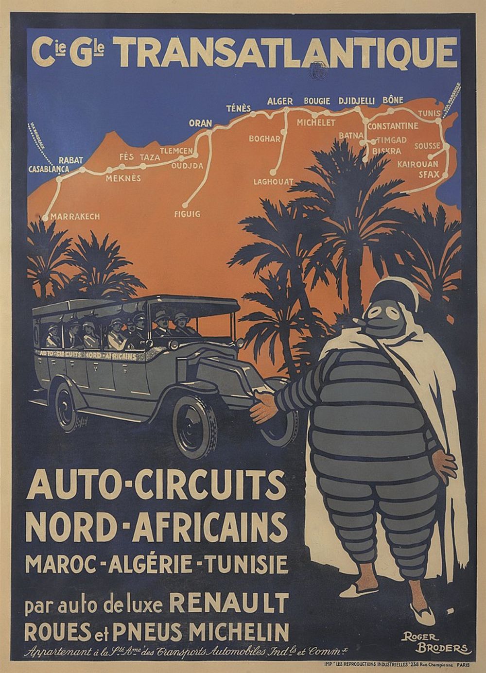 Transatlantique / Auto-Circuits Nord-Africains 1922 - Roger Broders Vintage French Travel Poster, Art Deco PLM Railway