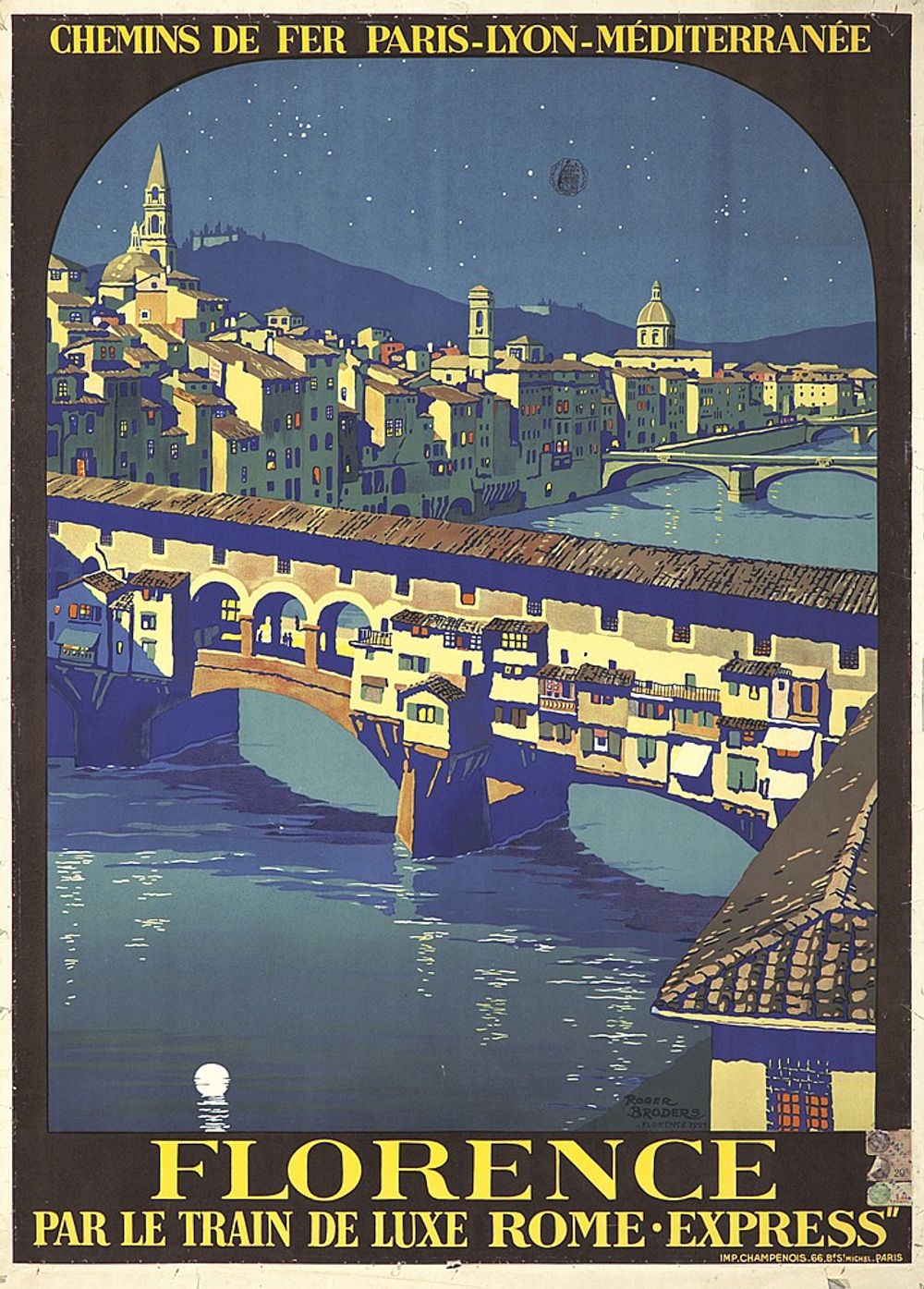 Florence 1921 - Roger Broders Vintage French Travel Poster, Art Deco PLM Railway Print, Alpine Riviera Wall Art