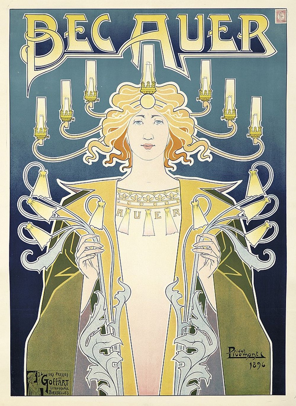 Bec Auer 1896 - Privat Livemont Art Nouveau Poster, Belle Epoque Belgian Print, Woman Portrait Wall Art