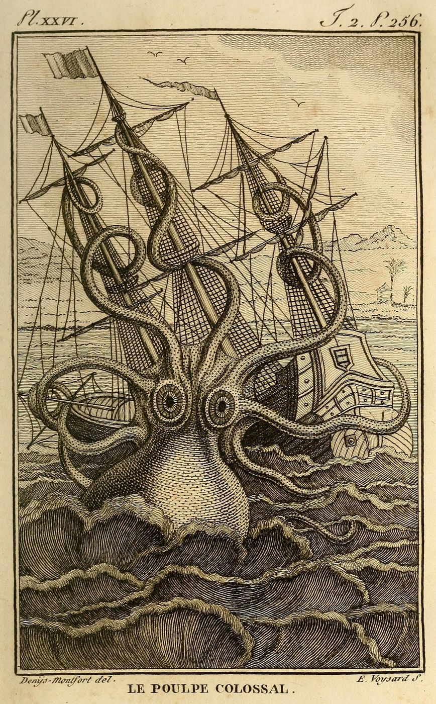 The Colossal Octopus - Vintage Natural History Print, Giant Octopus Kraken Art, Antique Sea Monster Illustration, Nautical Wall Art
