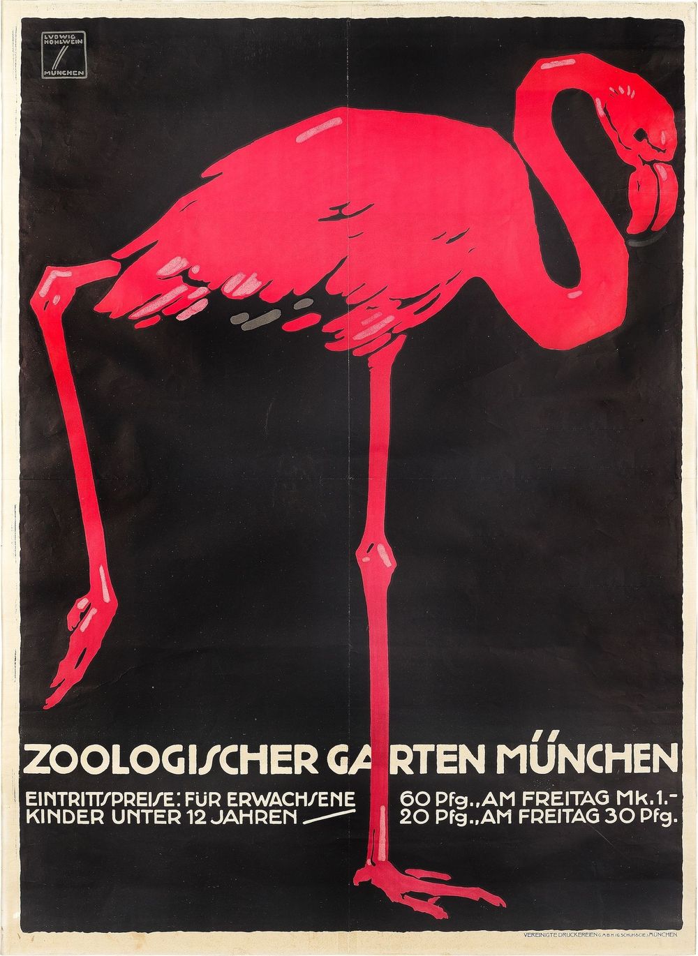 Munich Zoo Flamingo - Ludwig Hohlwein Vintage Poster, Art Deco Bird Wall Art, Zoologischer Garten Advertising Print