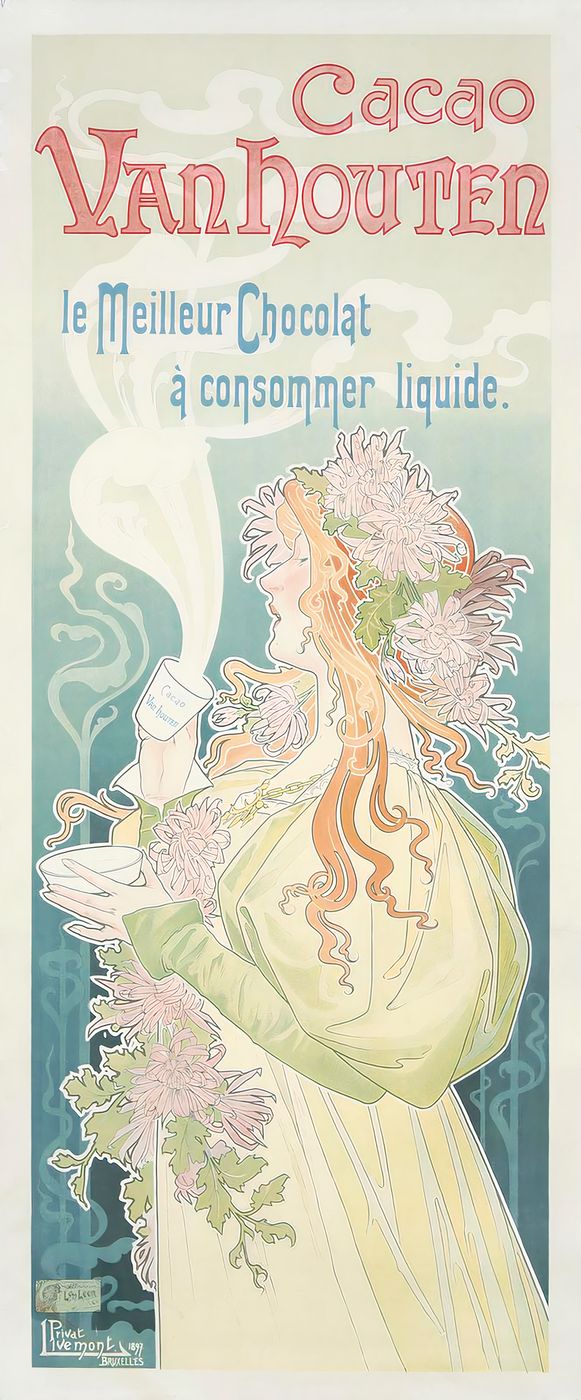 Privat Livemont Cacao Van Houten - Vintage Chocolate Poster, Art Nouveau Kitchen Wall Art, Vintage Kitchen Decor, Cafe Wall Art