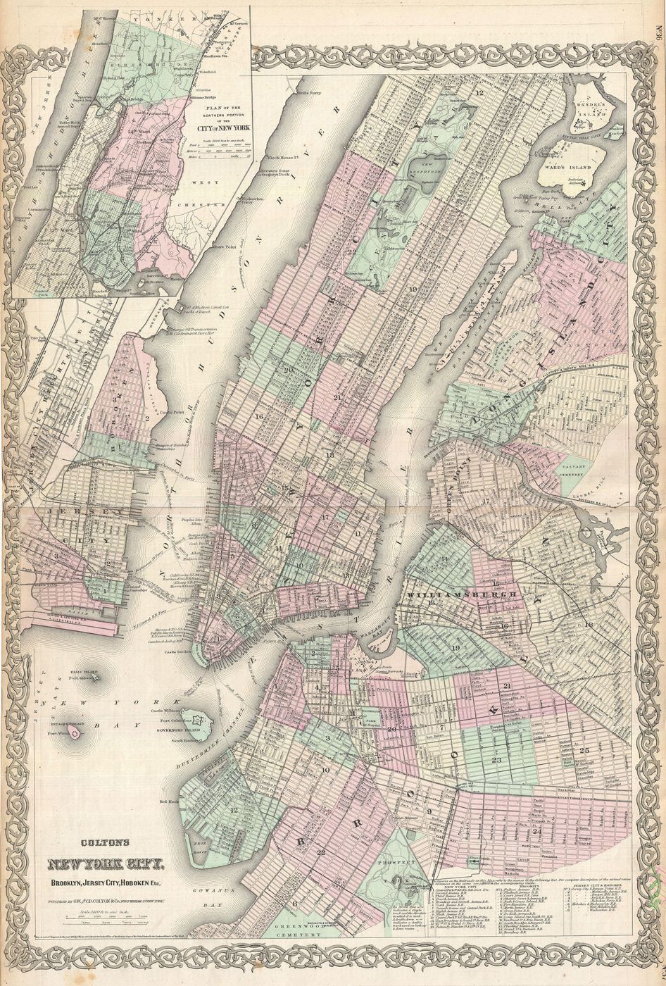 Colton Map of New York City Manhattan Brooklyn Long Island City Geographicus Newyorkcity Colton - Antique Vintage Map Print, Old Cartography