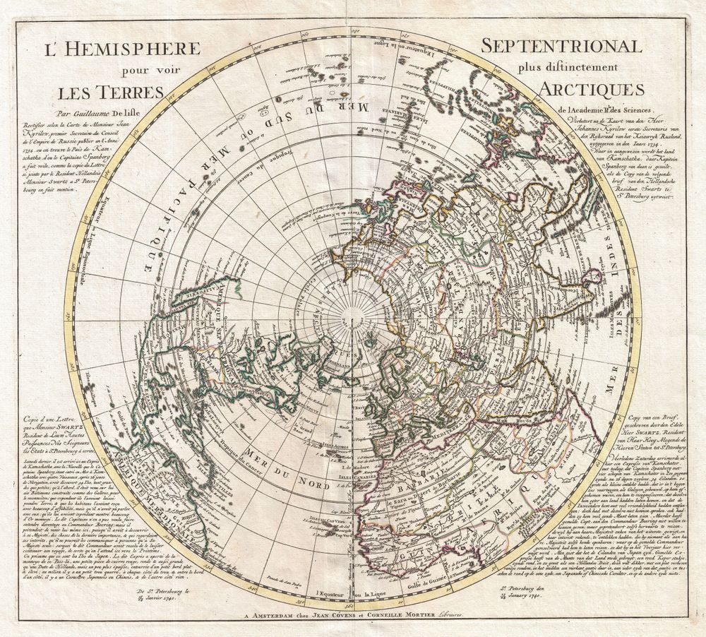 Pole 1741 Covens and Mortier Map of the Northern Hemisphere North Pole Arctic - Antique Vintage Map Print, Old Cartography Wall Art, Histori