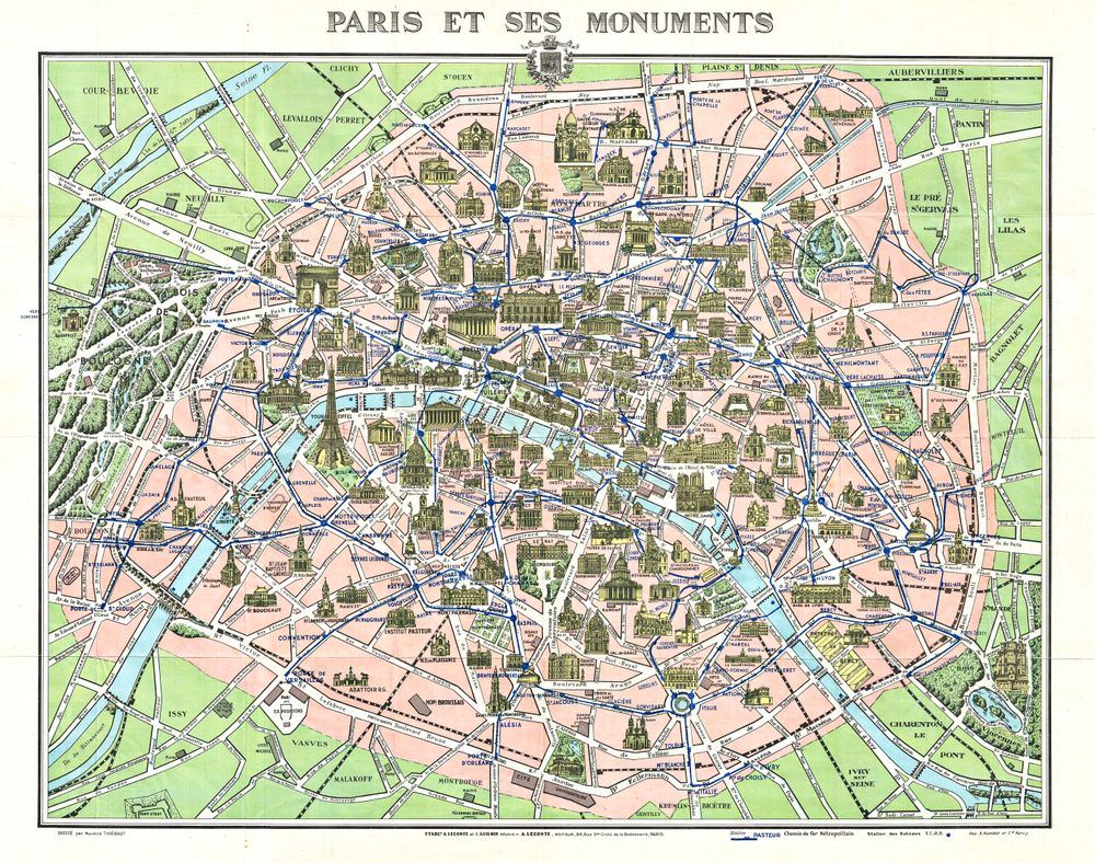 Map of Paris W Monuments - Antique Vintage Map Print, Old Cartography Wall Art, Historical Map Poster, Vintage Travel Decor