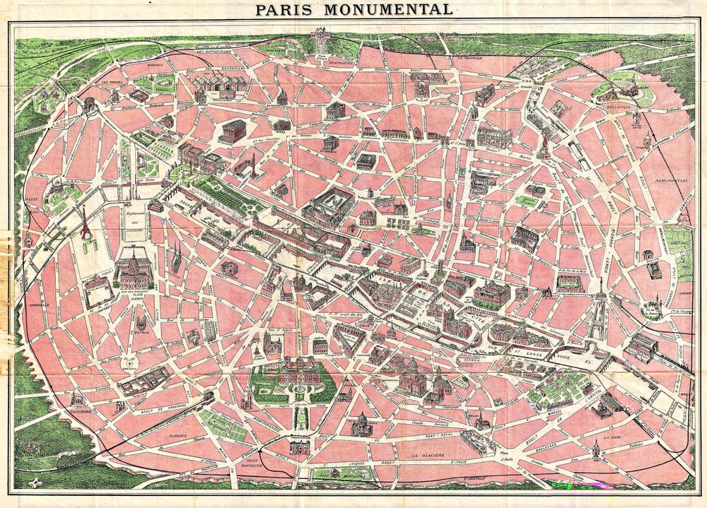 Paris Monumental - Antique Vintage Map Print, Old Cartography Wall Art, Historical Map Poster, Vintage Travel Decor