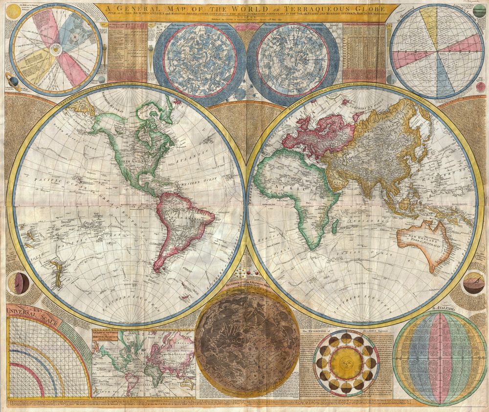Samuel Dunn Wall Map of the World in Hemispheres