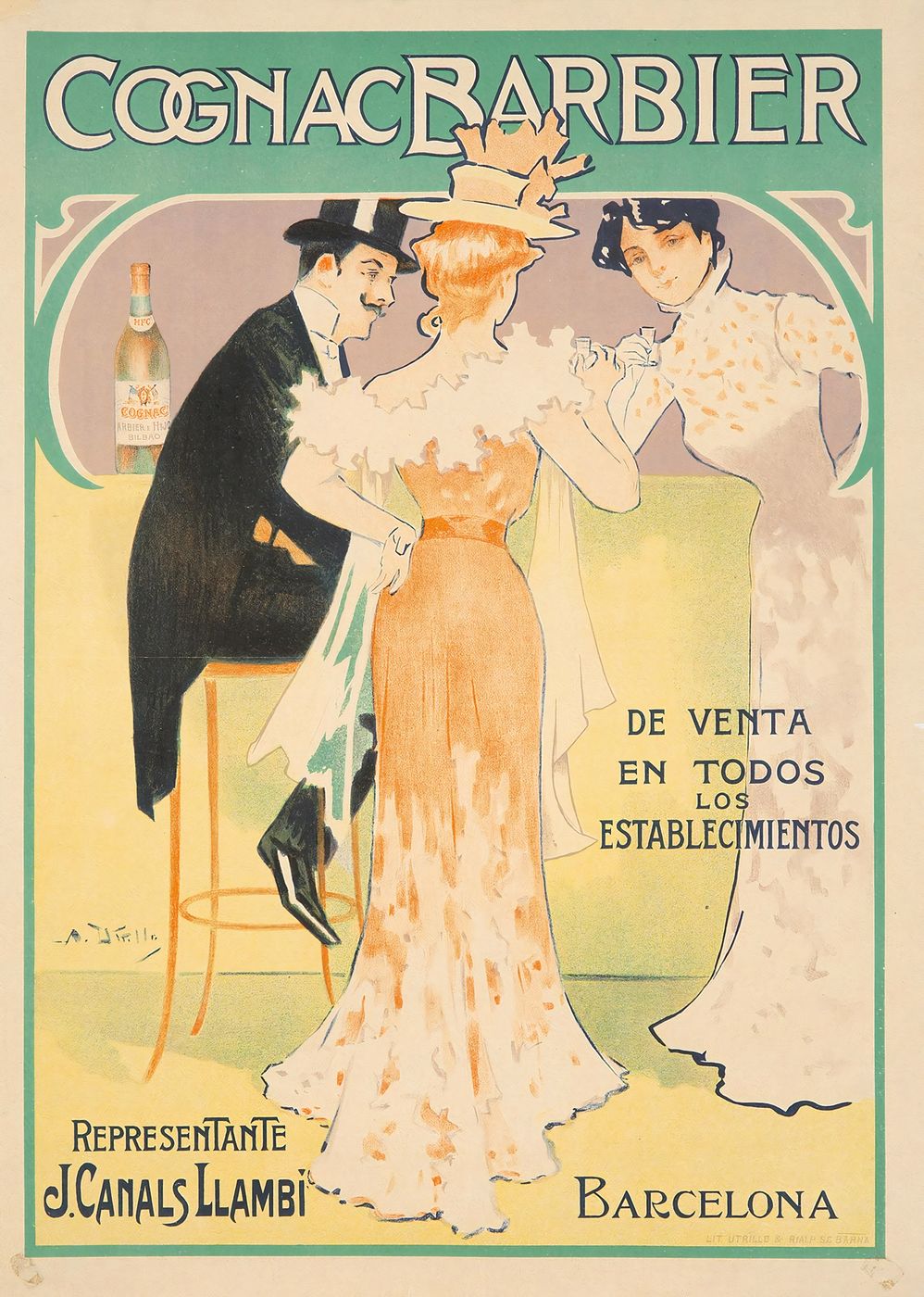 Antoni Utrillo Cognac Barbier - Vintage Cognac Poster, Art Nouveau Bar Cart Wall Art, Cocktail Bar Decor, Kitchen Print, Spain Advertising