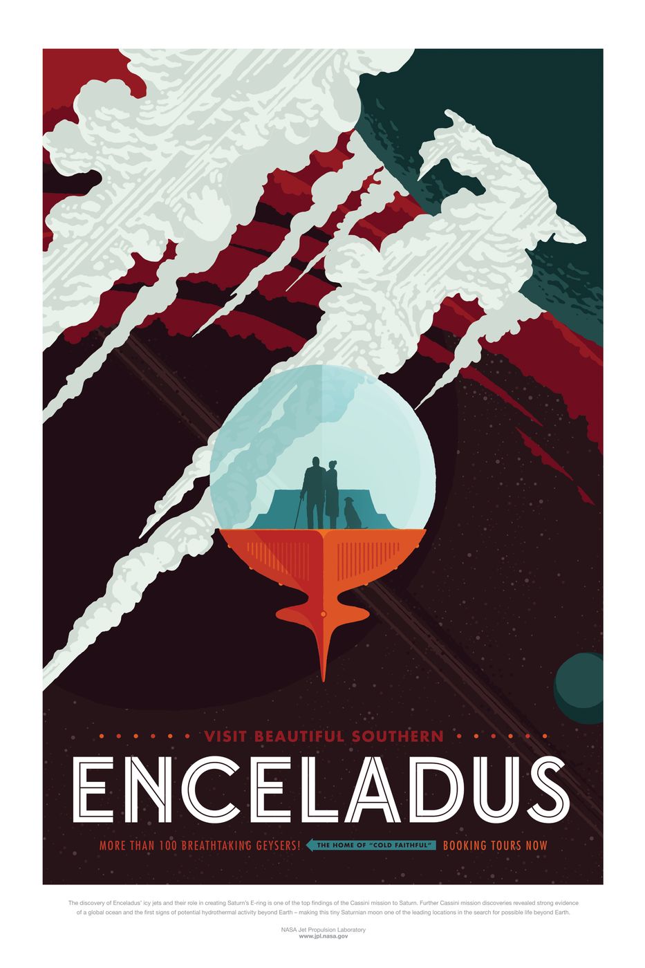 Enceladus - NASA Visions of the Future Retro Space Travel Poster, Vintage Sci-Fi Wall Art, Galaxy Space Decor