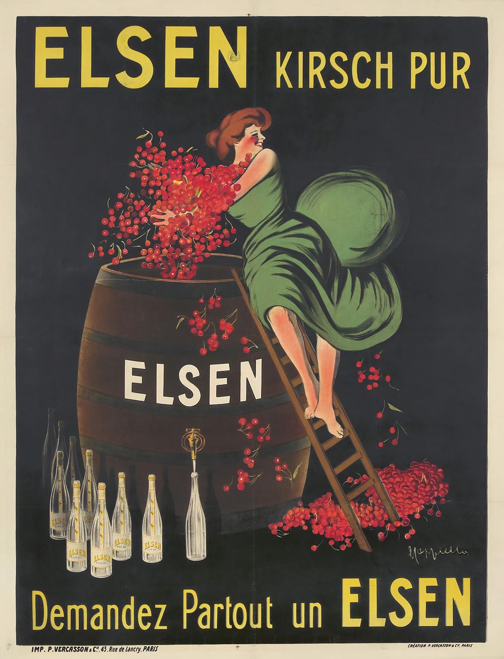Leonetto Cappiello Elsen Kirsch Pur - Vintage Liqueur Poster, Art Nouveau Bar Cart Wall Art, Cocktail Bar Decor, Kitchen Print