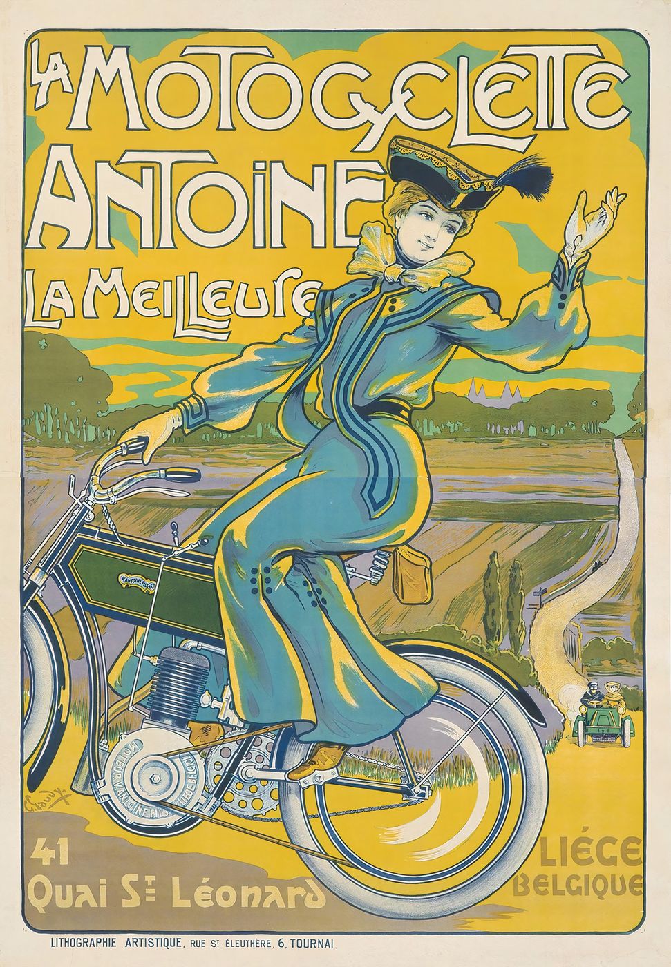 La Motocyclette Antoine 1902 - Georges Gaudy Vintage Poster, Belle Epoque French Print, Poster Art Wall Art