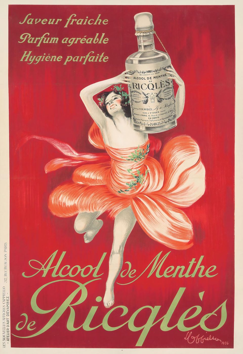Leonetto Cappiello Alcool de Menthe Ricqles - Vintage Liqueur Poster, Art Deco Bar Cart Wall Art, Cocktail Bar Decor, Kitchen Print