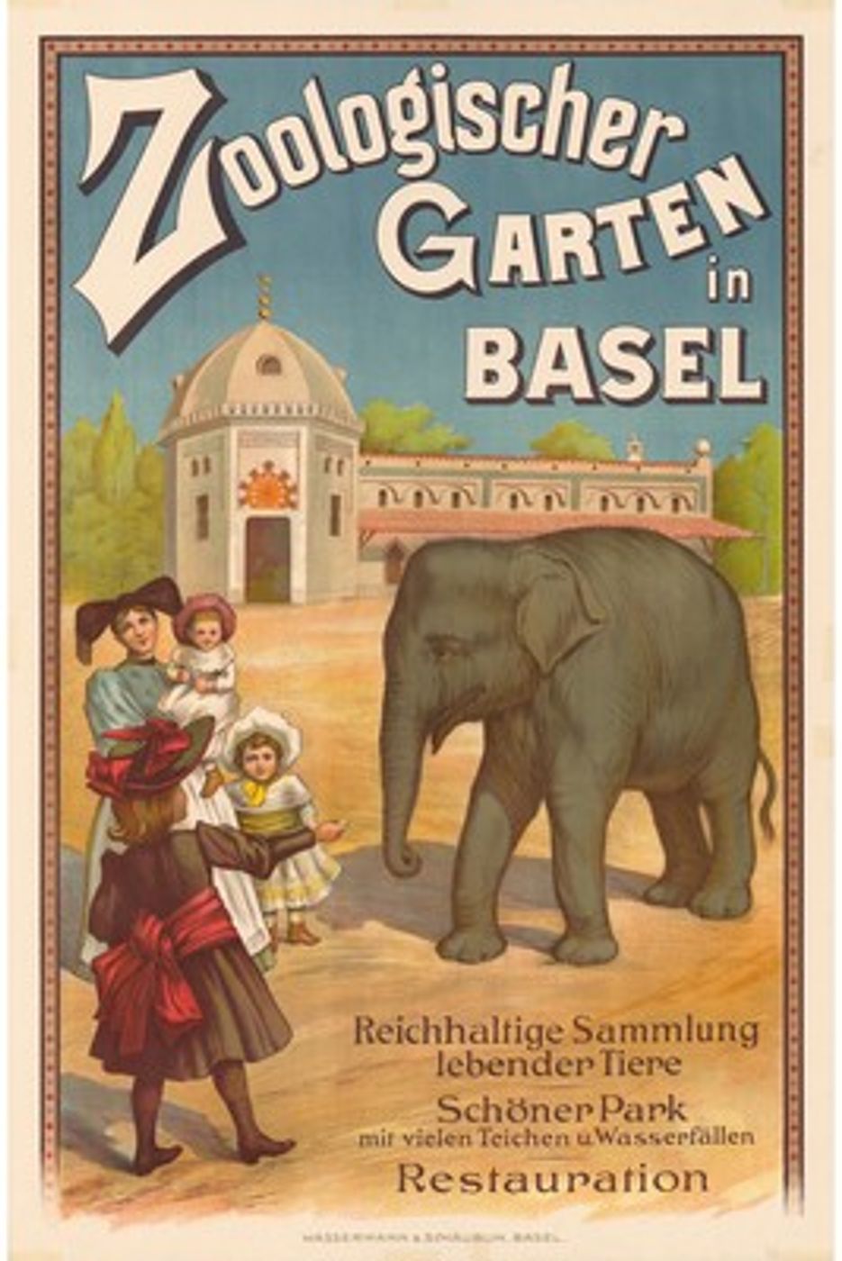 Vintage Zoo Elephant Poster - Antique Basel Zoologischer Garten Advertising Print, Elephant Wall Art, Nursery Poster