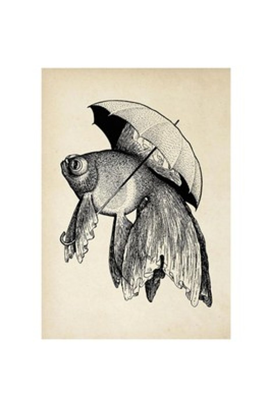 Antique Fish with Umbrella - Whimsical Vintage Natural History Print, Surreal Fish Wall Art, Quirky Bathroom Poster