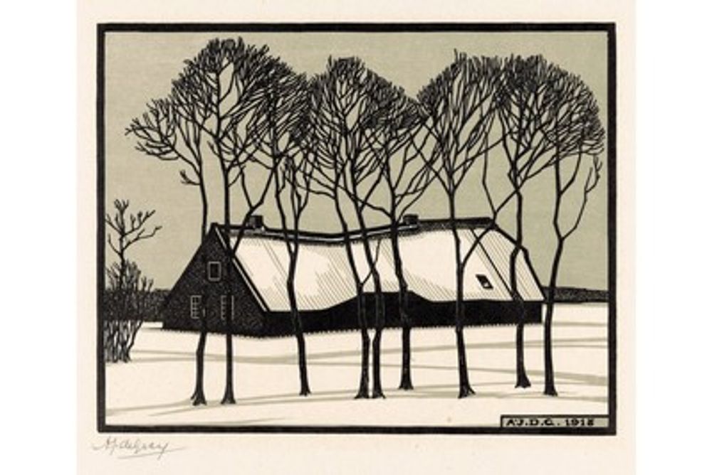 Farm in Snow by Julie de Graag - Vintage Dutch Woodcut Print, Minimalist Winter Landscape Wall Art, Japandi Poster