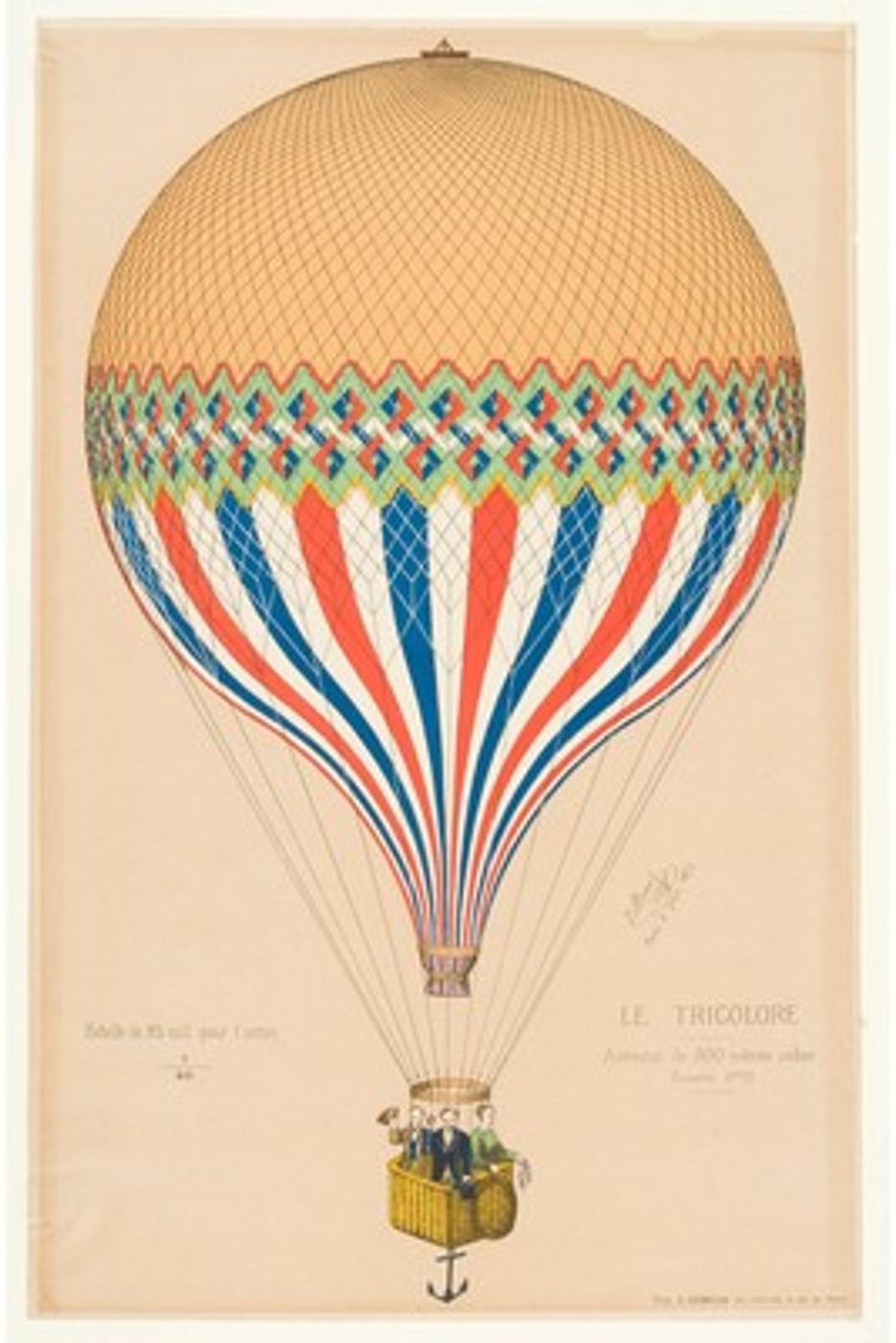 Tricolore Balloon - Vintage French Hot Air Balloon Print, Antique Ballooning Wall Art, Whimsical Nursery Poster