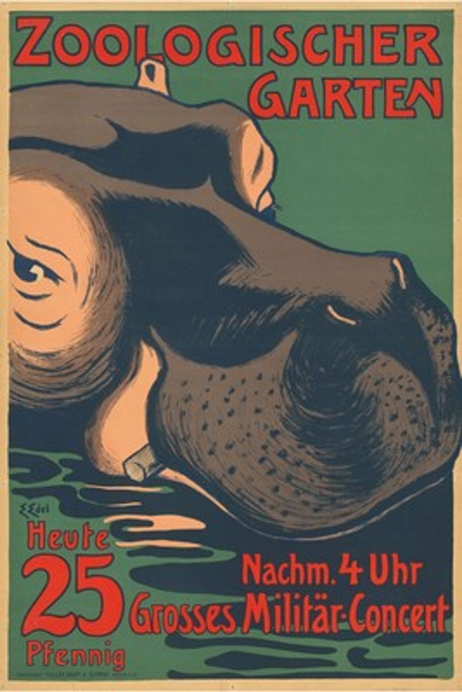 Vintage Zoo Hippopotamus Poster - Antique Zoologischer Garten Advertising Print, Hippo Wall Art, Funny Animal Poster