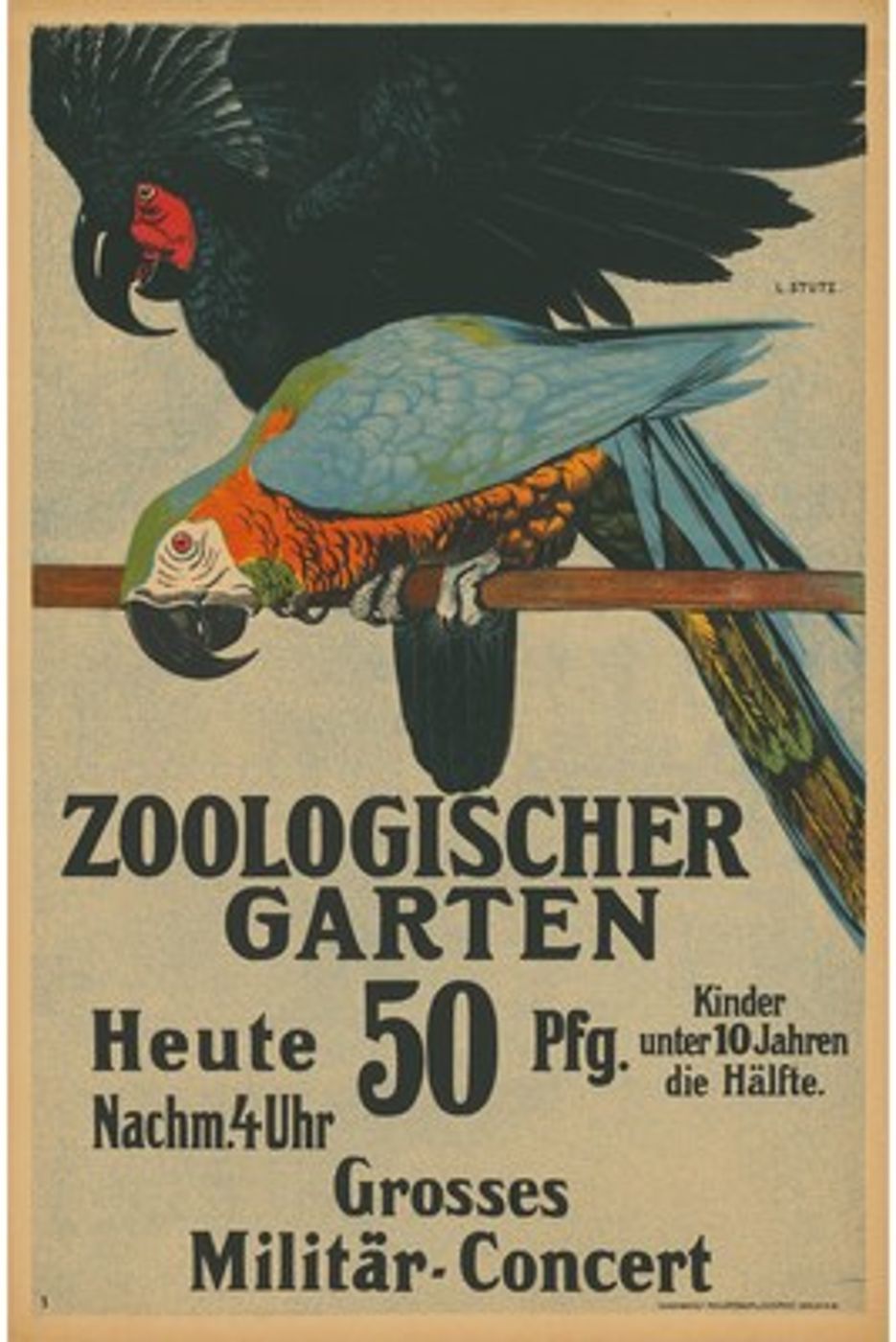Vintage Zoo Parrots Poster - Antique Zoologischer Garten Advertising Print, Colorful Macaw Parrot Wall Art