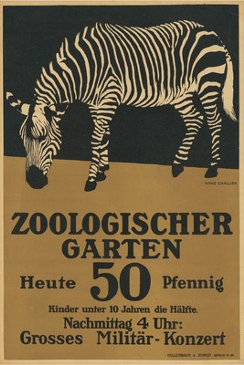 Vintage Zoo Zebra Poster by Hans Challier - Antique Zoologischer Garten Print, Black and White Zebra Wall Art